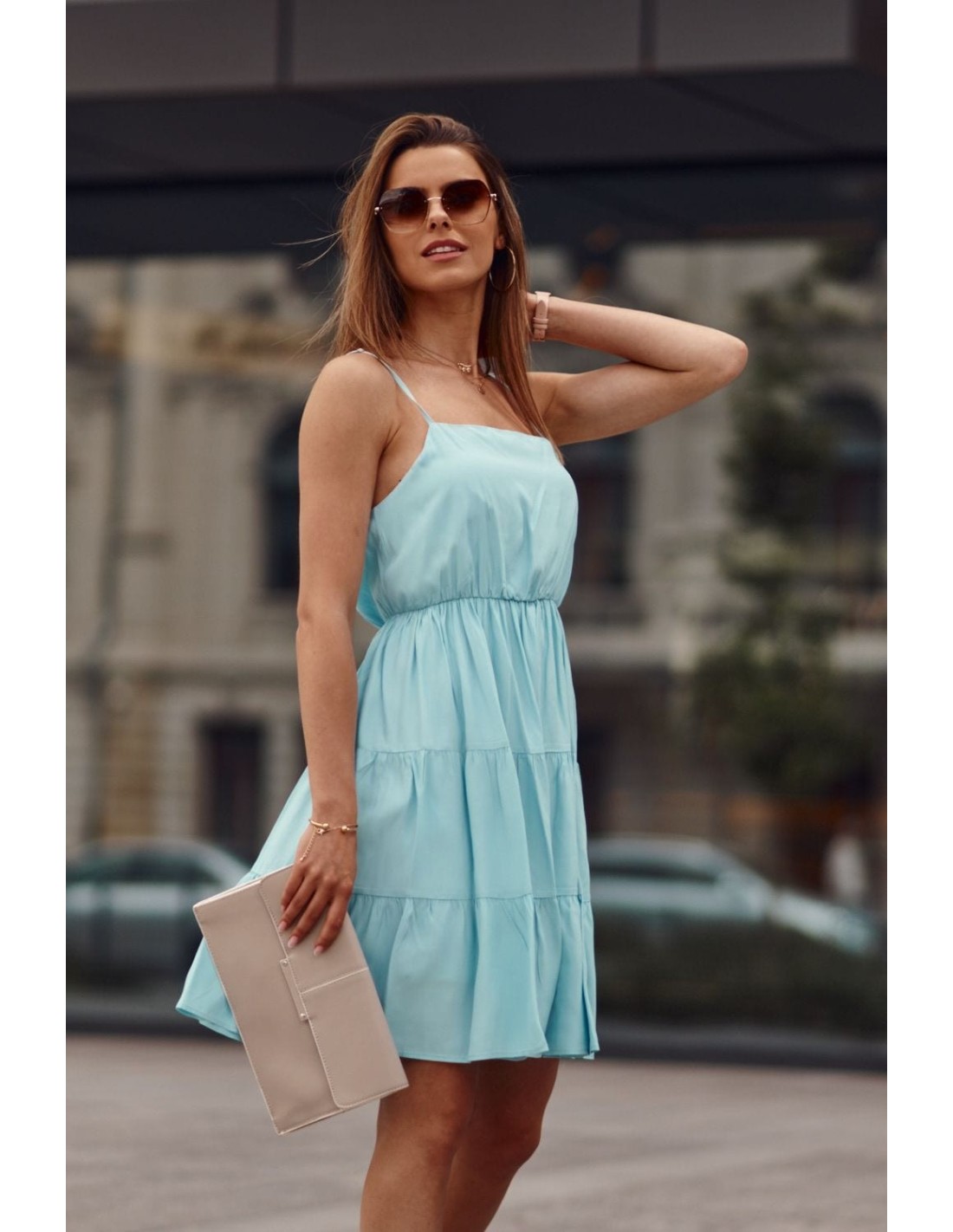 Dress with thin straps and ruffles, blue PR3214 - Online store - Boutique